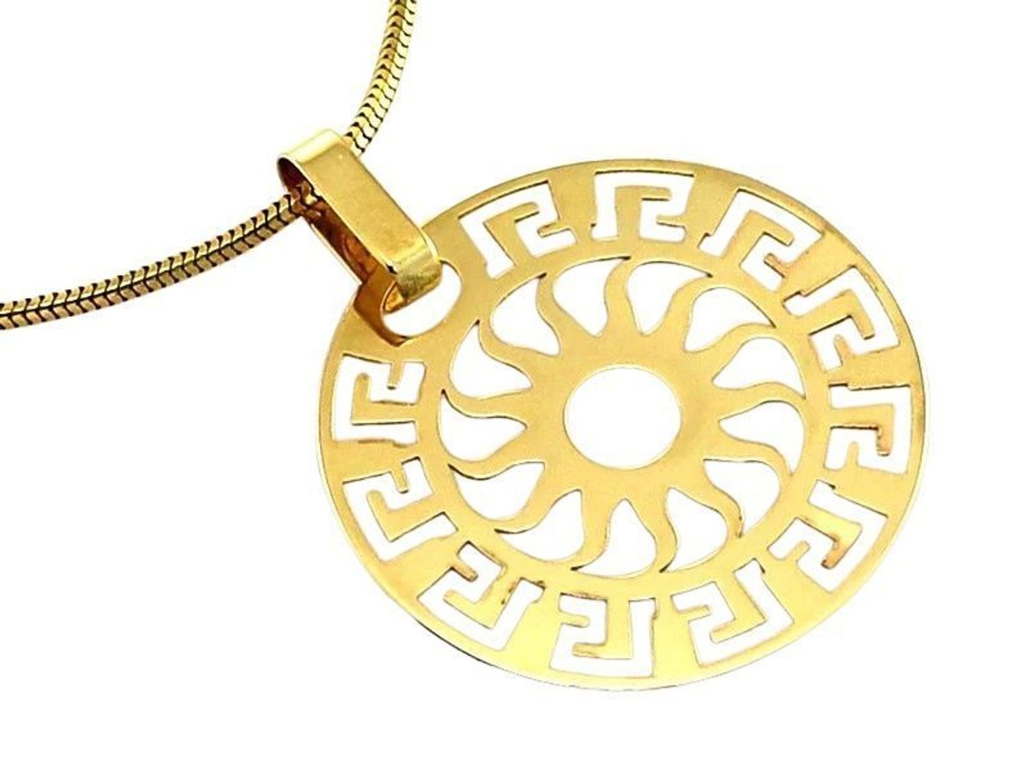 Modna złota zawieszka damska próby 585 z ażurowym greckim wzorem. Okrągły wisiorek bez kamieni, idealny na prezent i do noszenia na łańcuszku.1.jpg